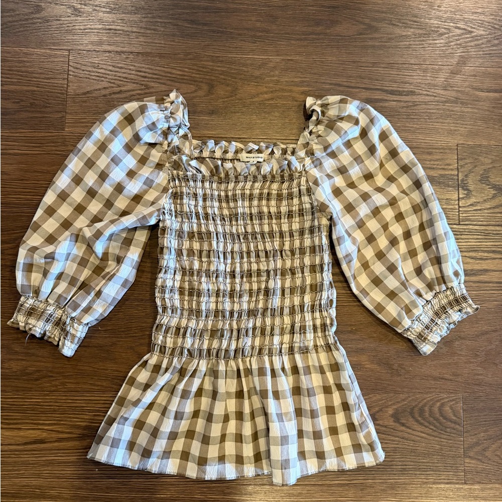 Max Studio Plaid Square Neck Smocked Top - Picture 2 of 6
